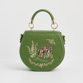 Green Fawn And Snail Embroidered Top Handle Saddle Bag, 2 of 9