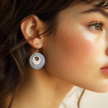Cream And Blue Stripey Circular Earrings, 2 of 6
