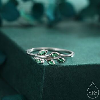 Sterling Silver Green Cz Leaf Ring, 2 of 12