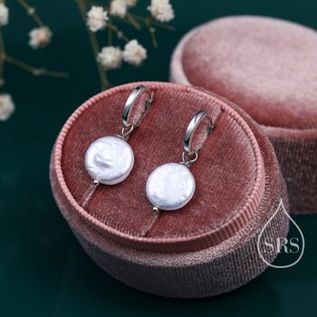Sterling Silver Coin Baroque Pearl Dangle Hoop Earrings, 8 of 12