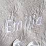 Personalised Knitted Grey Blanket With Bow, thumbnail 2 of 8