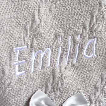 Personalised Knitted Grey Blanket With Bow, 2 of 8