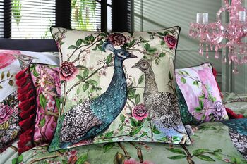 Iya Valley Love Story Peacocks And Japanese Blossom Cushion, 2 of 5