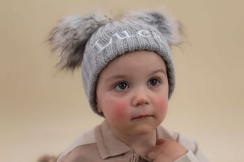 Personalised Grey Double Pom Pom Winter Hat And Booties, 2 of 9