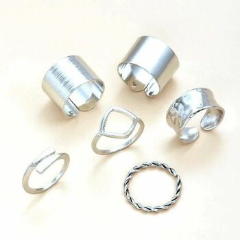 Six Piece Adjustable Wide Band Silver Plated Cuff Ring, 4 of 5