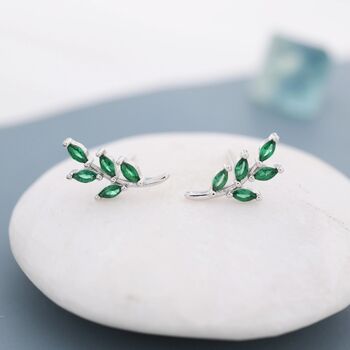 Sterling Silver Emerald Green Leaf Internally Threaded Flat Back Earrings, 5 of 10