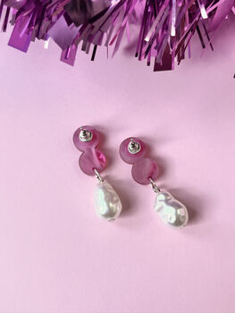 Double Disc Pink Pearl Drop Stud Earrings, 2 of 3