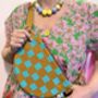 Waxed Cotton Cross Body Bag Turquoise On Mustard Checkered Pattern, thumbnail 1 of 4