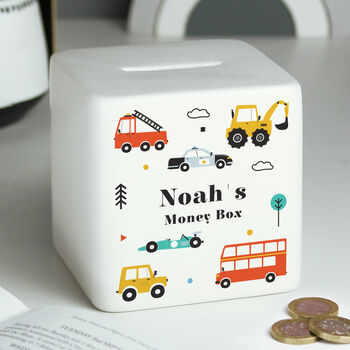 Personalised Baby Boy Vehicle Money Box, 2 of 5