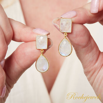 White Moonstone Statement Gold And Silver Drop Stud Earrings, 5 of 9