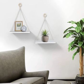 White Wall Mounted Floating Shelf With Rope, 7 of 9