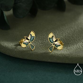 Magpie Bird Stud Earrings In Sterling Silver With Enamel Glaze, 6 of 12