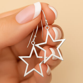 Large Sterling Silver Open Star Drop Earrings, 2 of 5