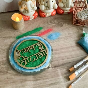 Wooden Happy Diwali Rangoli With Coloured Sand Bag, 2 of 2