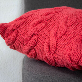 Hand Knit Chunky Cable Stitch Cushion In Salmon Pink, 2 of 5