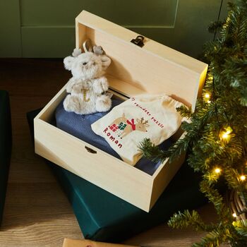 Personalised Wooden Checkered Blue Christmas Tree Keepsake Box Fsc®, 3 of 4