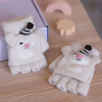 Cute Kids’ Convertible Gloves With Bear Mitten Caps – Soft Fleece Winter Gloves, 3 of 7