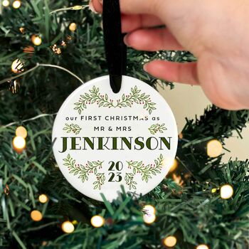 First Christmas Married Personalised Ceramic Bauble, 6 of 8