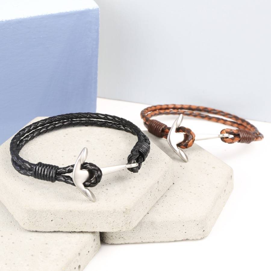 men's braided leather bracelet with anchor clasp by lisa angel