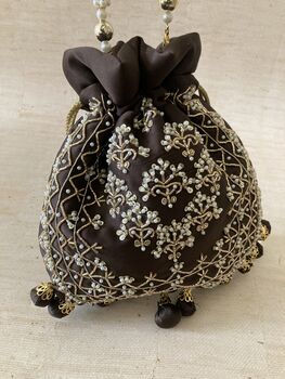 Brow Satin Handcrafted Luxury Potli/Wrist Bag, 4 of 10