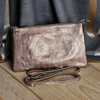 Metallic Leather Cross Body Pouch Clutch Bag In Bronze, 2 of 3