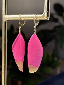 Neon Pink Gold Plate Dipped Feather Earrings, 2 of 2