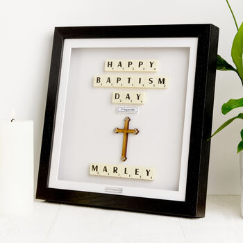 Personalised Wooden Cross Baptism Keepsake Frame With Scrabble, 4 of 9