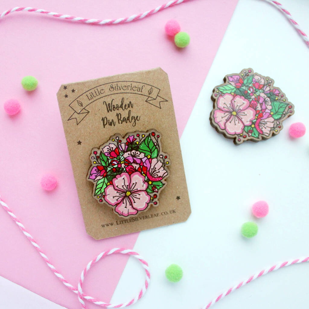Floral Bouquet Wooden Pin Badge, 1 of 2