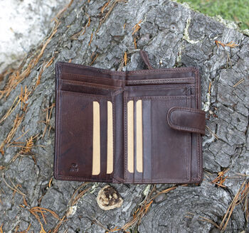 Women's Luxury Brown Leather Tab Trifold Purse Rfid Protected Personsalised, 3 of 7