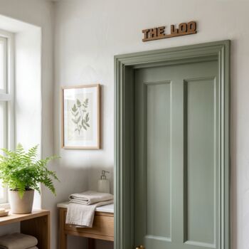 The Loo Sign – Walnut Wood Door Topper With Adhesive Dots, Modern Bathroom Decor, Stylish Wooden Restroom Sign, Easy Install Loo Sign, Elegant Wc Door Topper, Contemporary Wooden Bathroom Sign, 4 of 12