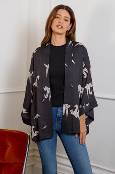 Japanese Origami Bird Print Black And Ivory Short Light Weight Kimono, 2 of 6