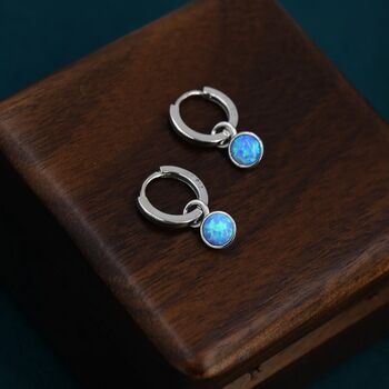 Sterling Silver Dangling Blue Opal Hoop Earrings, 6 of 11