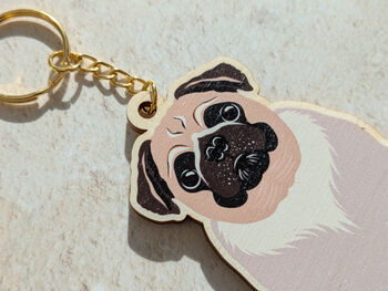 Pug Dog Wooden Keyring With Optional Christmas Card, 4 of 8