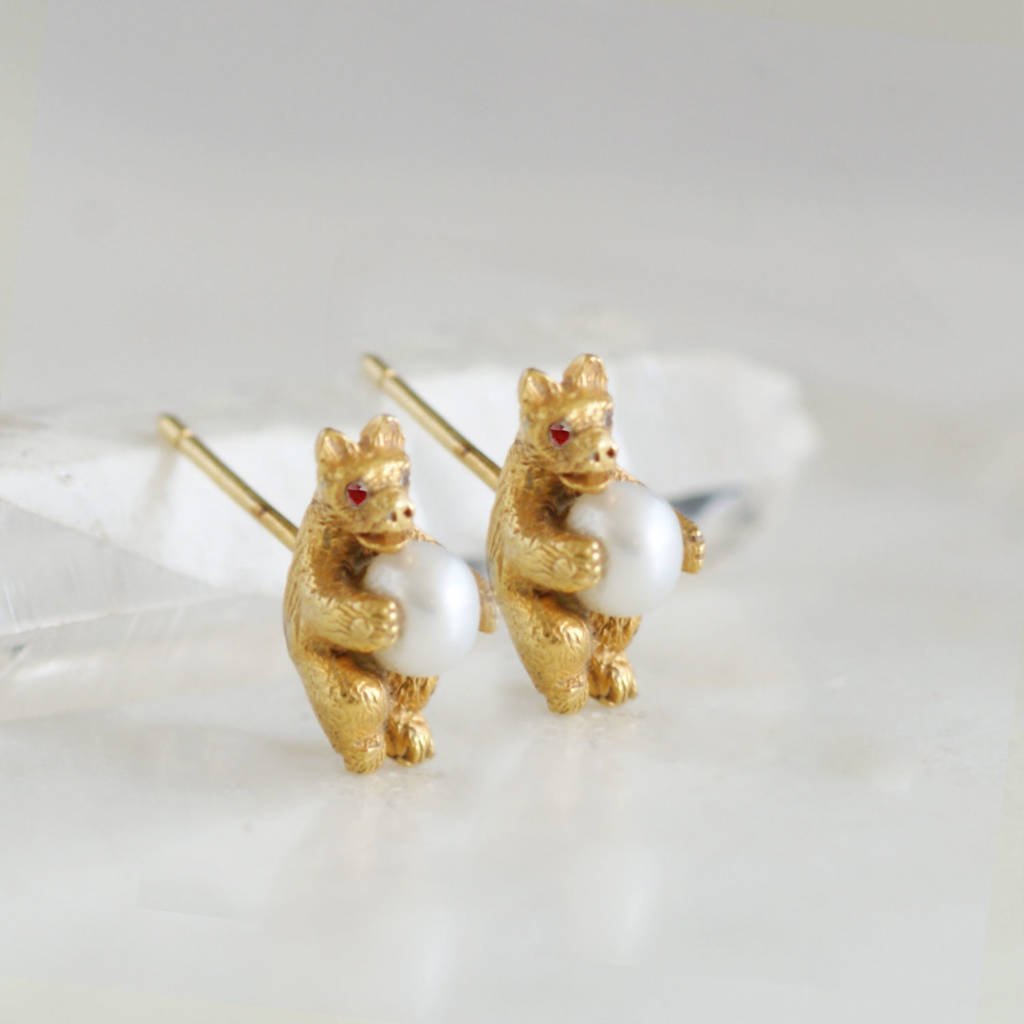 ruby diamond and pearl gold bear stud earrings by amulette ...