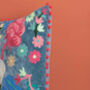 Smoke Blue Floral Embroidered Cotton Velvet Cushion, thumbnail 4 of 7