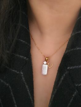 Round Cz And Rectangular Baroque Freshwater Pearl Pendant 18k Gold Tarnishfree Adjustable Necklace, 5 of 6