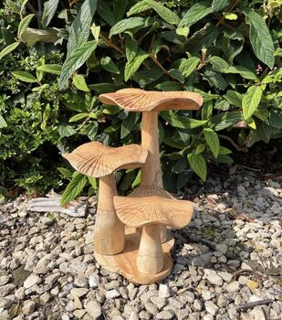 Set Of Three Wooden Mushrooms On A Base, 2 of 3