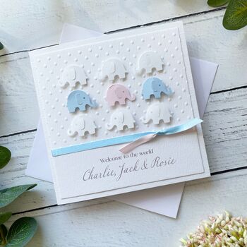 Handmade New Baby Card. Elephant Theme. Multiples Twins/Triplets, 2 of 12