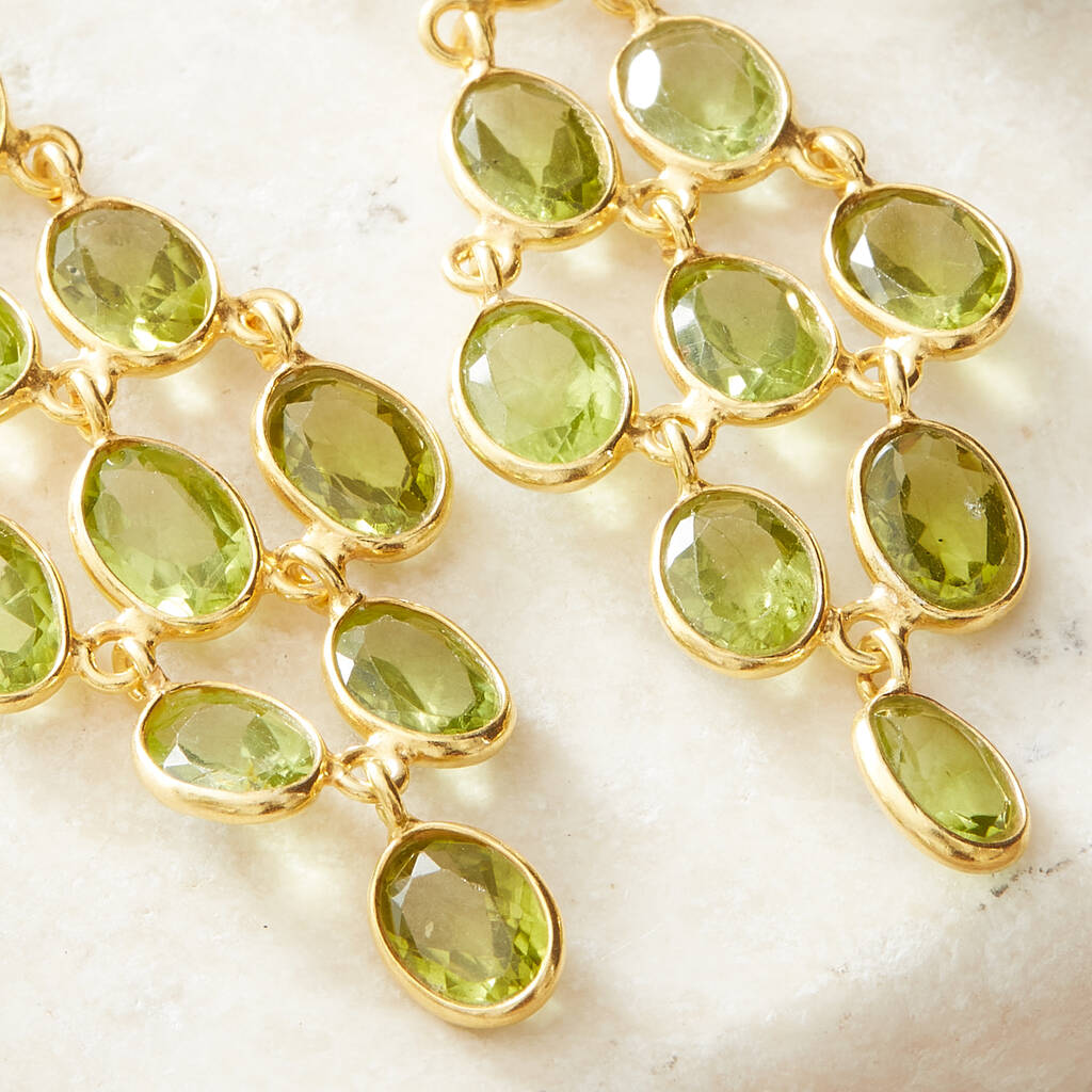 Green Peridot Gold Plated Silver Chandelier Earrings, 1 of 12