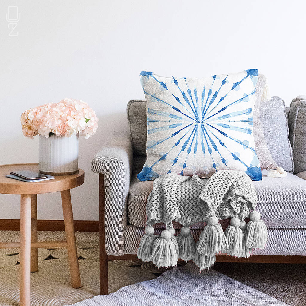 Light Blue Cushion Cover With Striped Geometric Pattern By