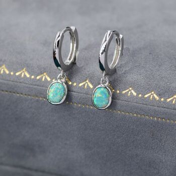 Sterling Silver Dangling Green Opal Oval Hoop Earrings, 2 of 11