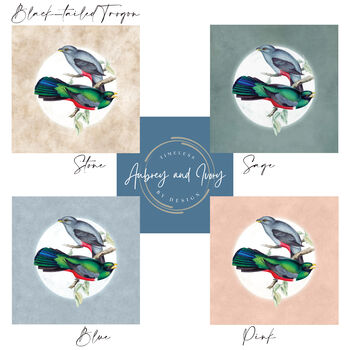Black Tailed Trogon Moon Art Print – Vintage Japandi Style – Range Of Colours, 2 of 6
