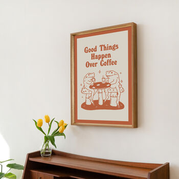 'Good Things Happen Over Coffee' Mushroom Frog Print, 9 of 11