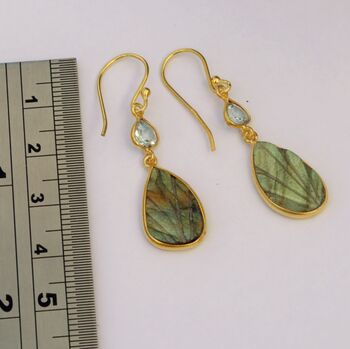 Labradorite, Blue Topaz Gold Plated Silver Earrings, 3 of 5