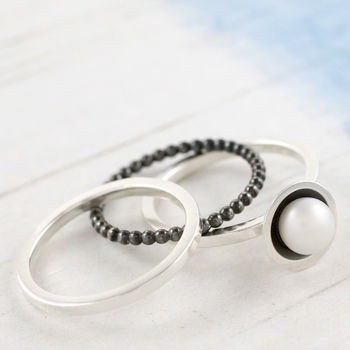 Pearl Stacking Ring Set. Oxidised Sterling Silver, 2 of 8