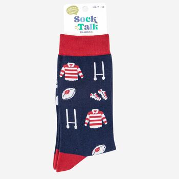 Men's Rugby Bamboo Socks In Navy And Red, 4 of 4