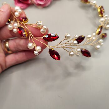 Red Crystal And Pearl Bridal Hair Vine, 6 of 11