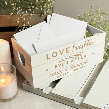 Personalised Love Laughter White Wooden Crate Organiser, 2 of 5