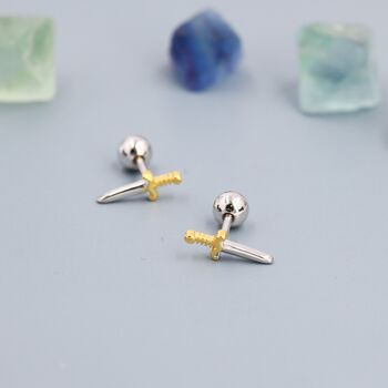 Sterling Silver Tiny Little Dagger Sword Screw Back Earrings, 2 of 10