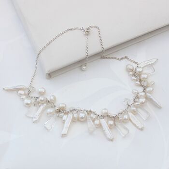 Unusual Assorted Pearl Necklace On Sterling Silver Chain, 8 of 12